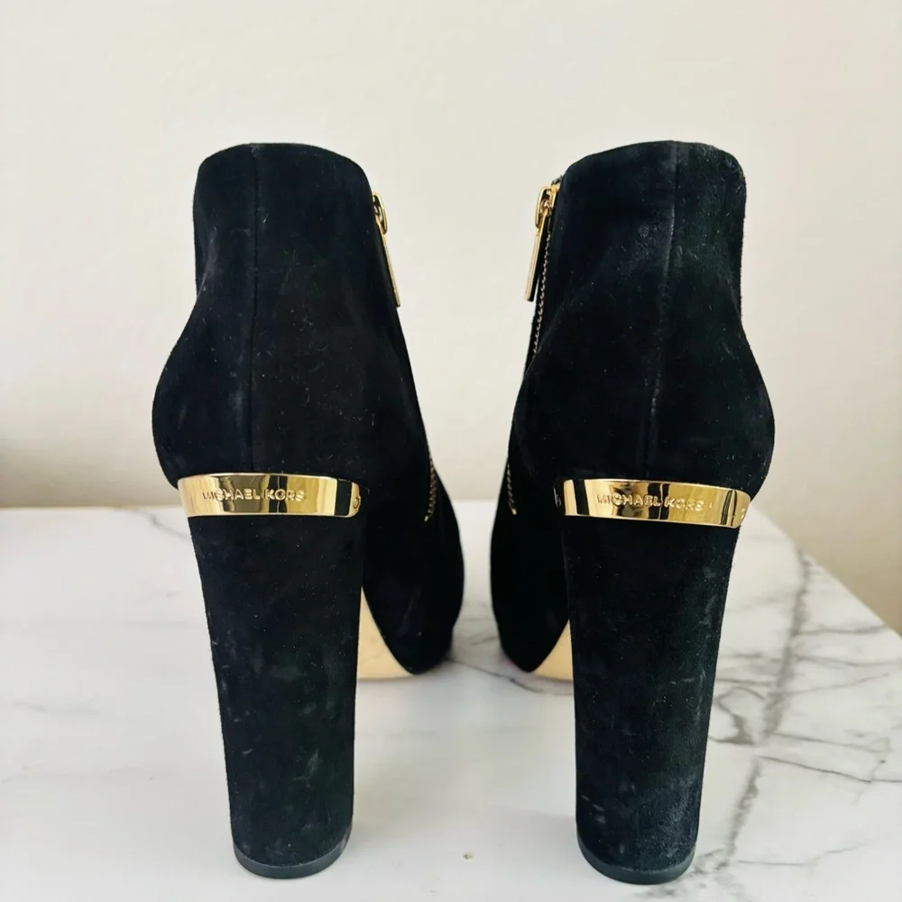 Michael Kors Haven Platform Booties‎ Black Suede Ankle with Gold Accents 9 M